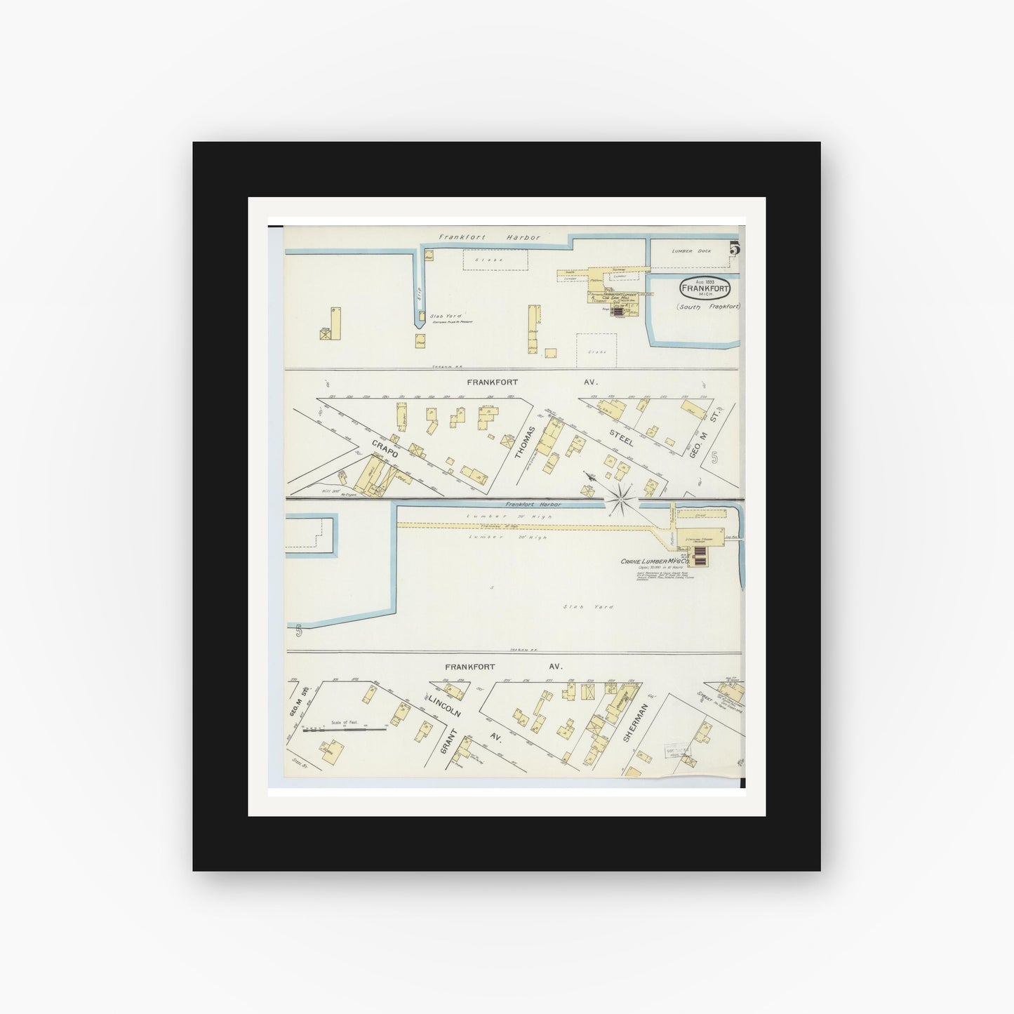 Old map wall art mockup — black gallery frame with white mat — Sanborn Fire Insurance Map from Frankfort, Benzie County, Michigan (1893), Sheet #0005