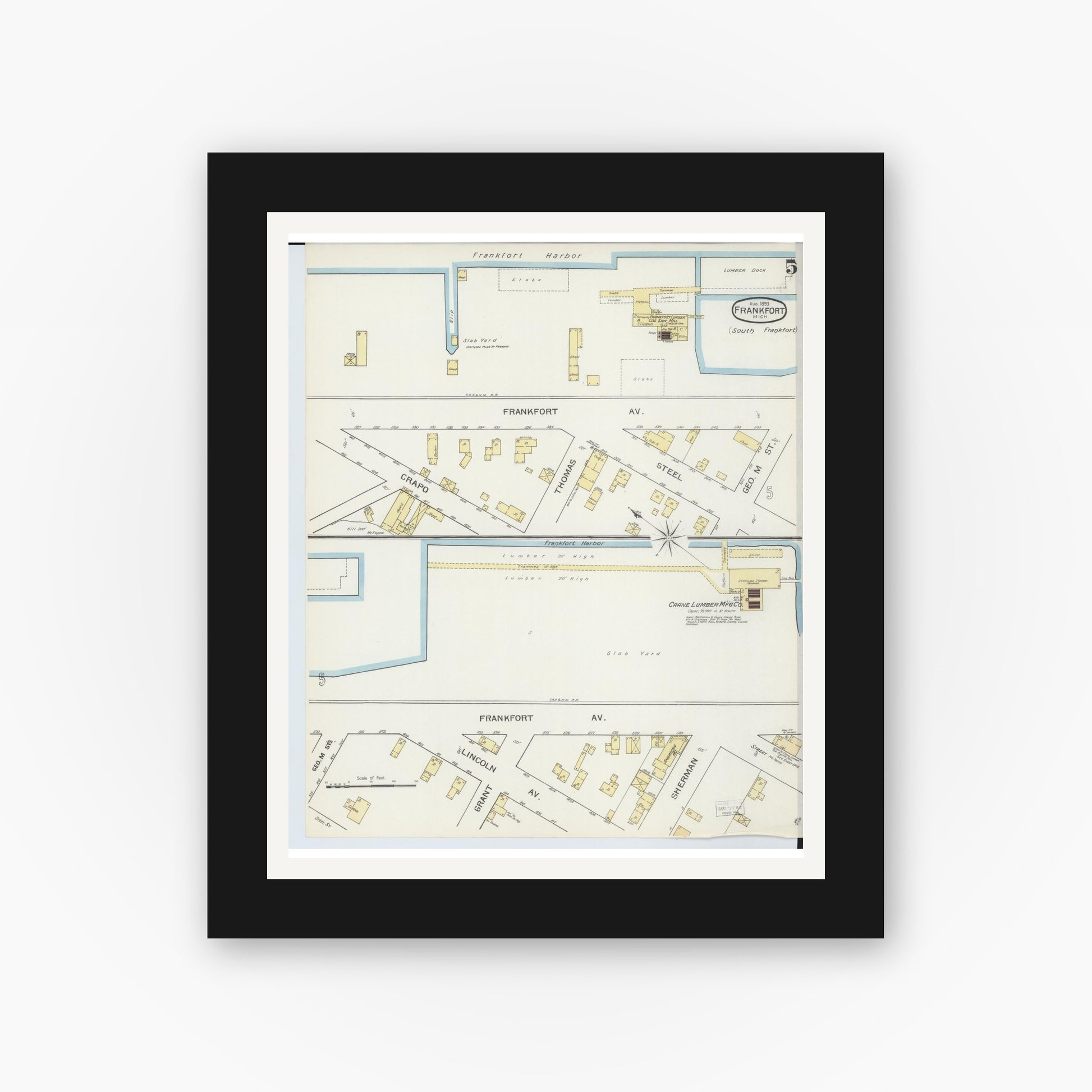 Old map wall art mockup — black gallery frame with white mat — Sanborn Fire Insurance Map from Frankfort, Benzie County, Michigan (1893), Sheet #0005