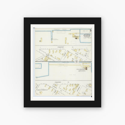 Old map wall art mockup — black gallery frame with white mat — Sanborn Fire Insurance Map from Frankfort, Benzie County, Michigan (1893), Sheet #0005
