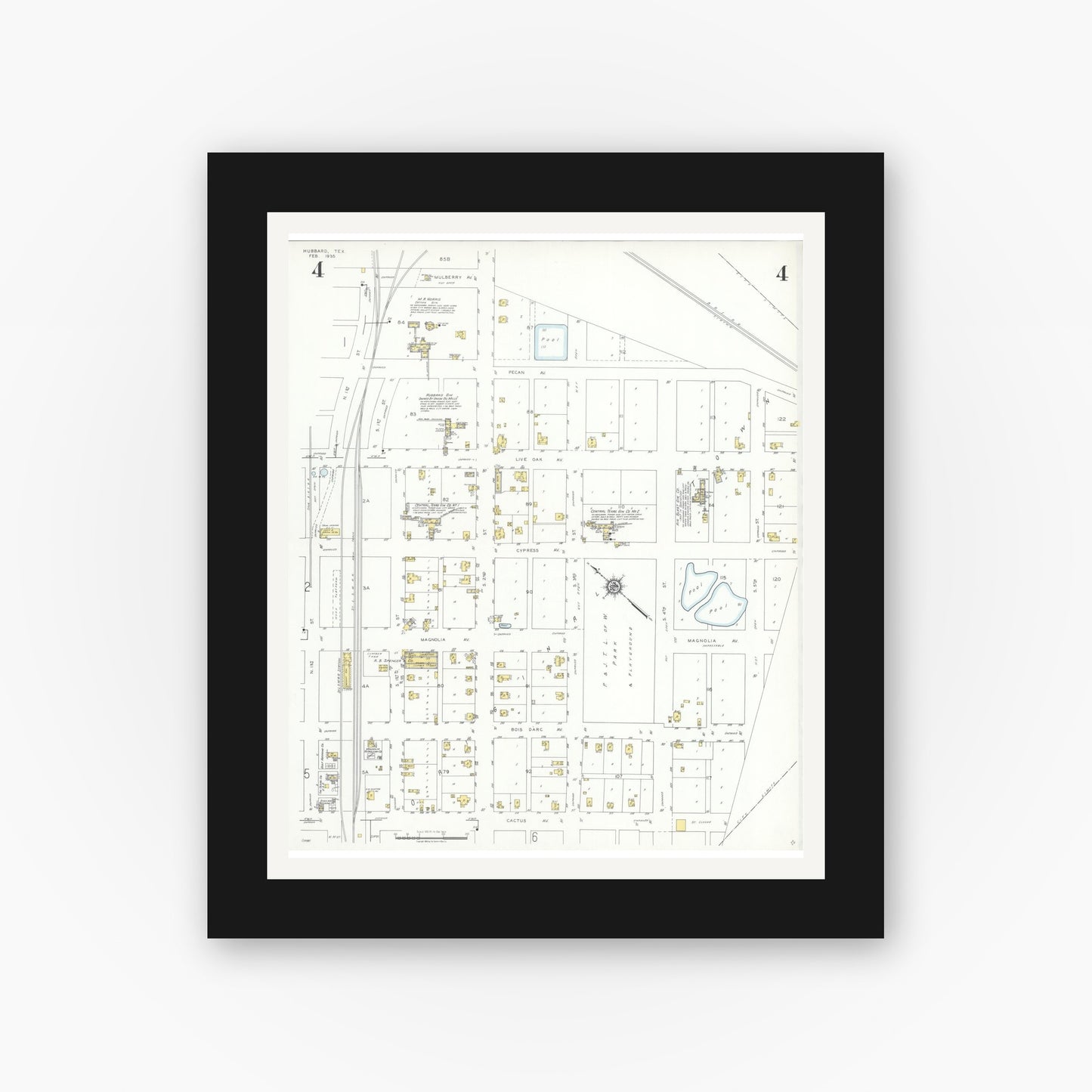 Old map wall art mockup — black gallery frame with white mat — Sanborn Fire Insurance Map from Hubbard, Hill County, Texas (1935), Sheet #0004
