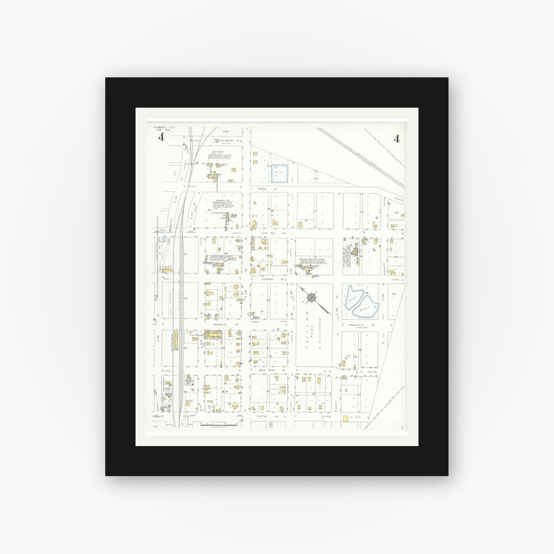 Old map wall art mockup — black gallery frame with white mat — Sanborn Fire Insurance Map from Hubbard, Hill County, Texas (1935), Sheet #0004