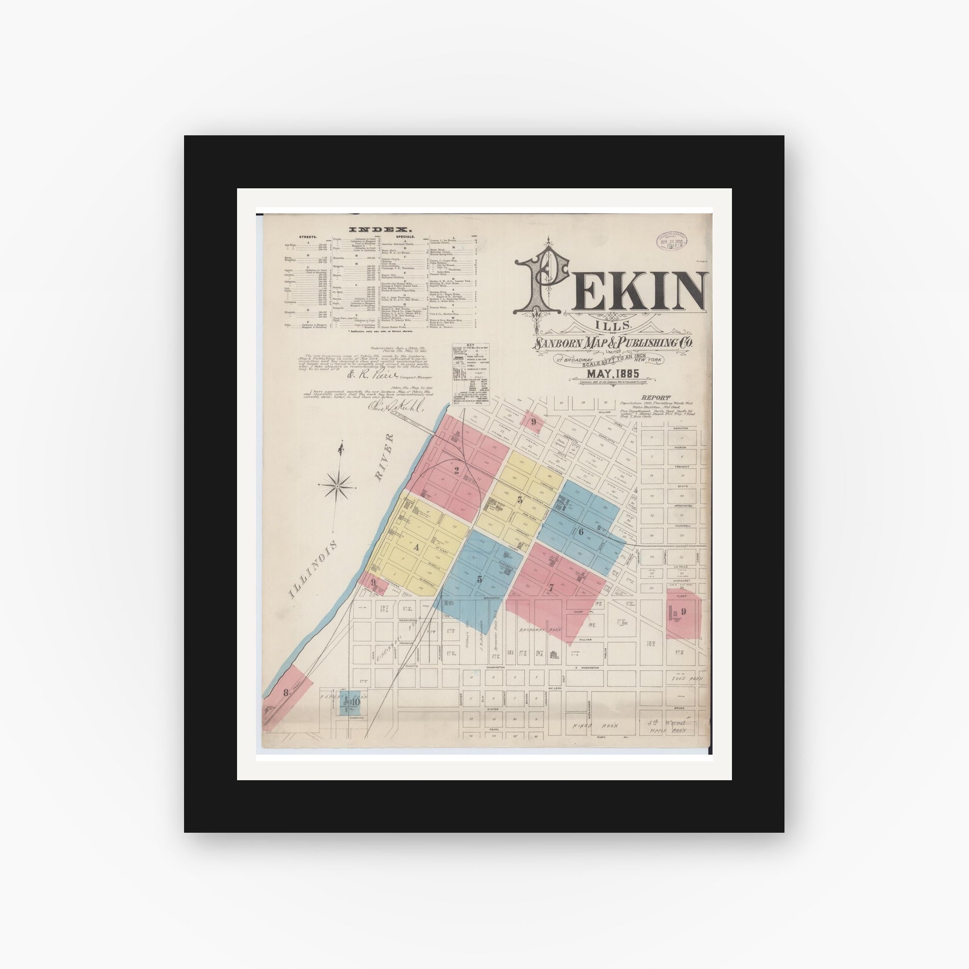 Old map wall art mockup — black gallery frame with white mat — Sanborn Fire Insurance Map from Pekin, Tazewell County, Illinois (1885) - Complete Map Set