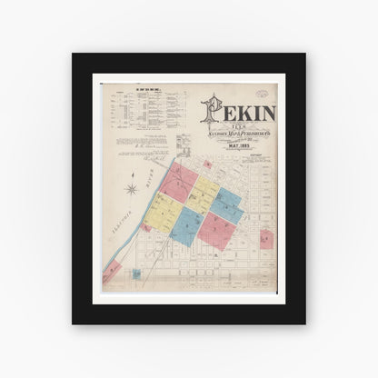 Old map wall art mockup — black gallery frame with white mat — Sanborn Fire Insurance Map from Pekin, Tazewell County, Illinois (1885) - Complete Map Set