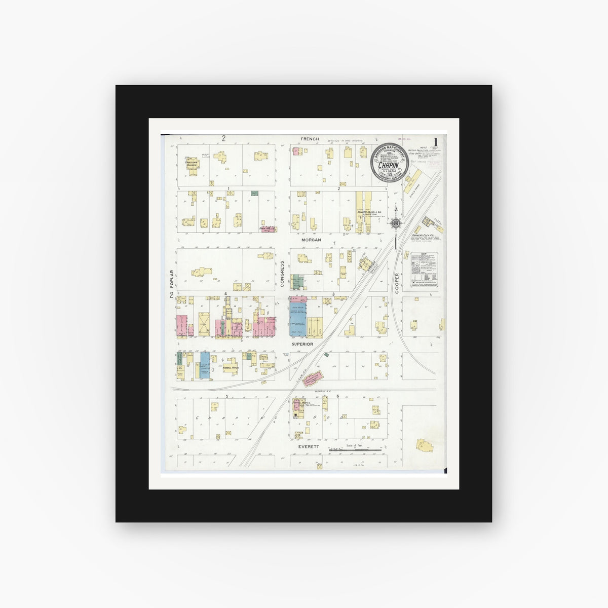 Old map wall art mockup — black gallery frame with white mat — Sanborn Fire Insurance Map from Chapin, Morgan County, Illinois (1910), Sheet #0001