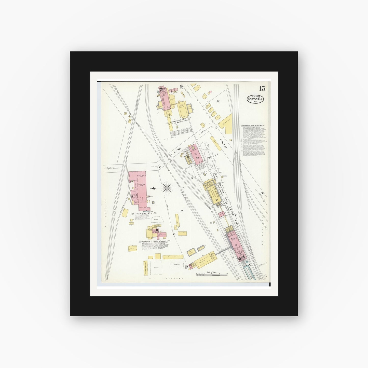 Old map wall art mockup — black gallery frame with white mat — Sanborn Fire Insurance Map from Fostoria, Seneca, Hancock, And Wood Counties, Ohio (1908), Sheet #0015