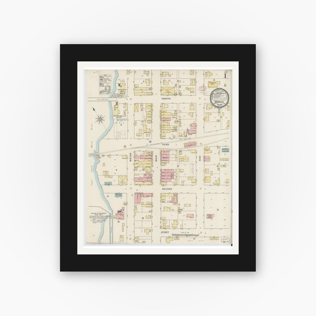 Old map wall art mockup — black gallery frame with white mat — Sanborn Fire Insurance Map from Shoals, Martin County, Indiana (1895), Sheet #0001