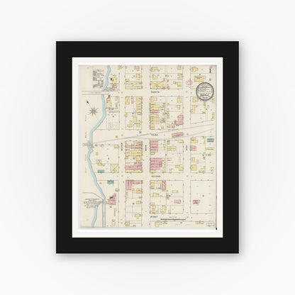 Old map wall art mockup — black gallery frame with white mat — Sanborn Fire Insurance Map from Shoals, Martin County, Indiana (1895), Sheet #0001