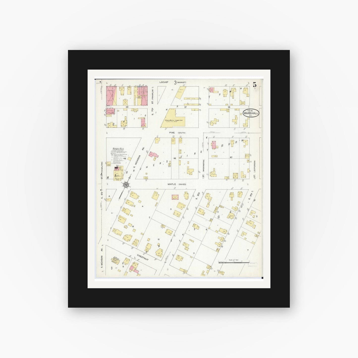 Old map wall art mockup — black gallery frame with white mat — Sanborn Fire Insurance Map from Marshall, Clark County, Illinois (1912), Sheet #0005