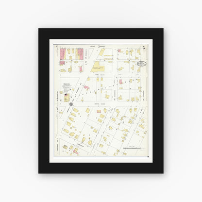 Old map wall art mockup — black gallery frame with white mat — Sanborn Fire Insurance Map from Marshall, Clark County, Illinois (1912), Sheet #0005