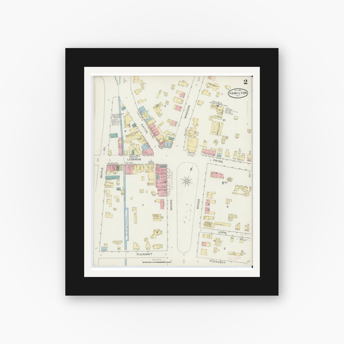 Old map wall art mockup — black gallery frame with white mat — Sanborn Fire Insurance Map from Hamilton, Madison County, New York (1893), Sheet #0002