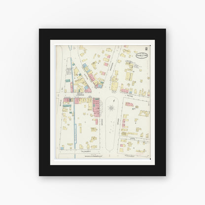 Old map wall art mockup — black gallery frame with white mat — Sanborn Fire Insurance Map from Hamilton, Madison County, New York (1893), Sheet #0002