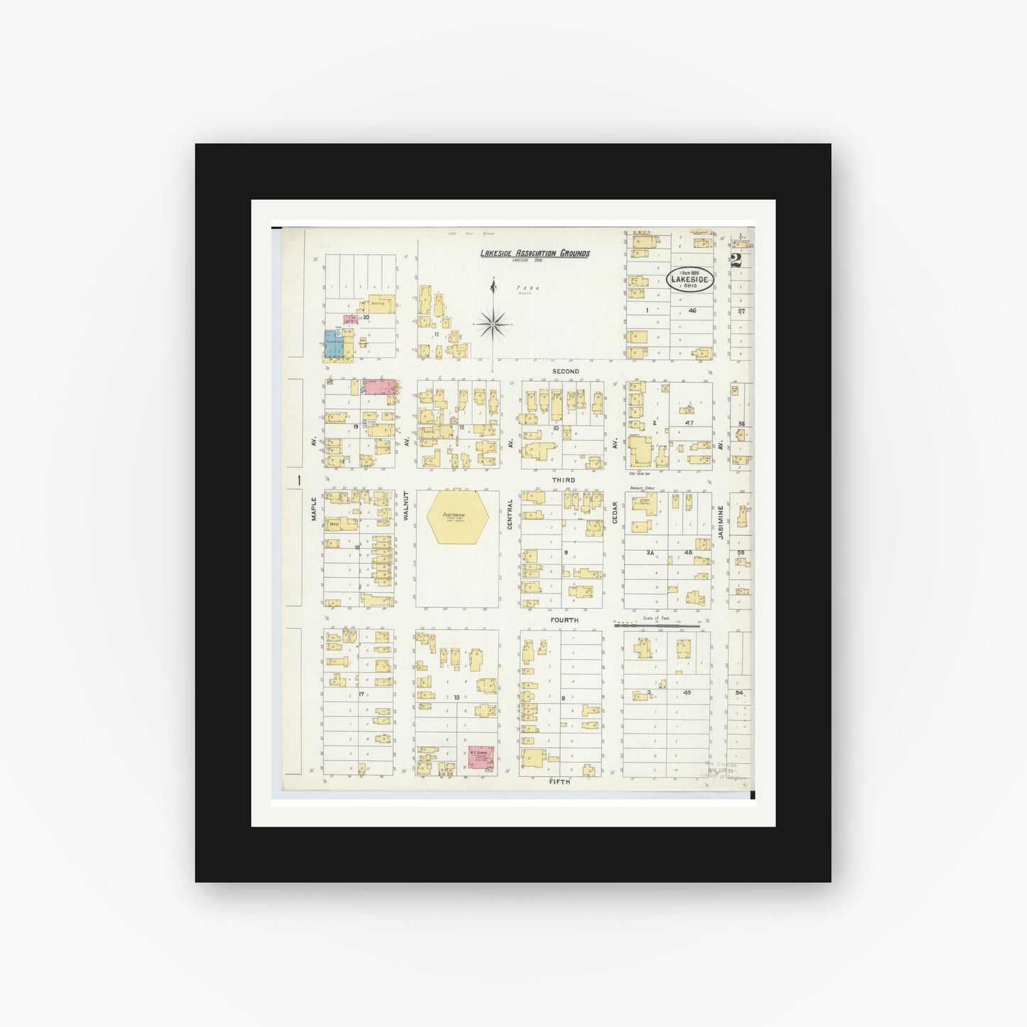 Old map wall art mockup — black gallery frame with white mat — Sanborn Fire Insurance Map from Lakeside, Ottawa County, Ohio (1905), Sheet #0002