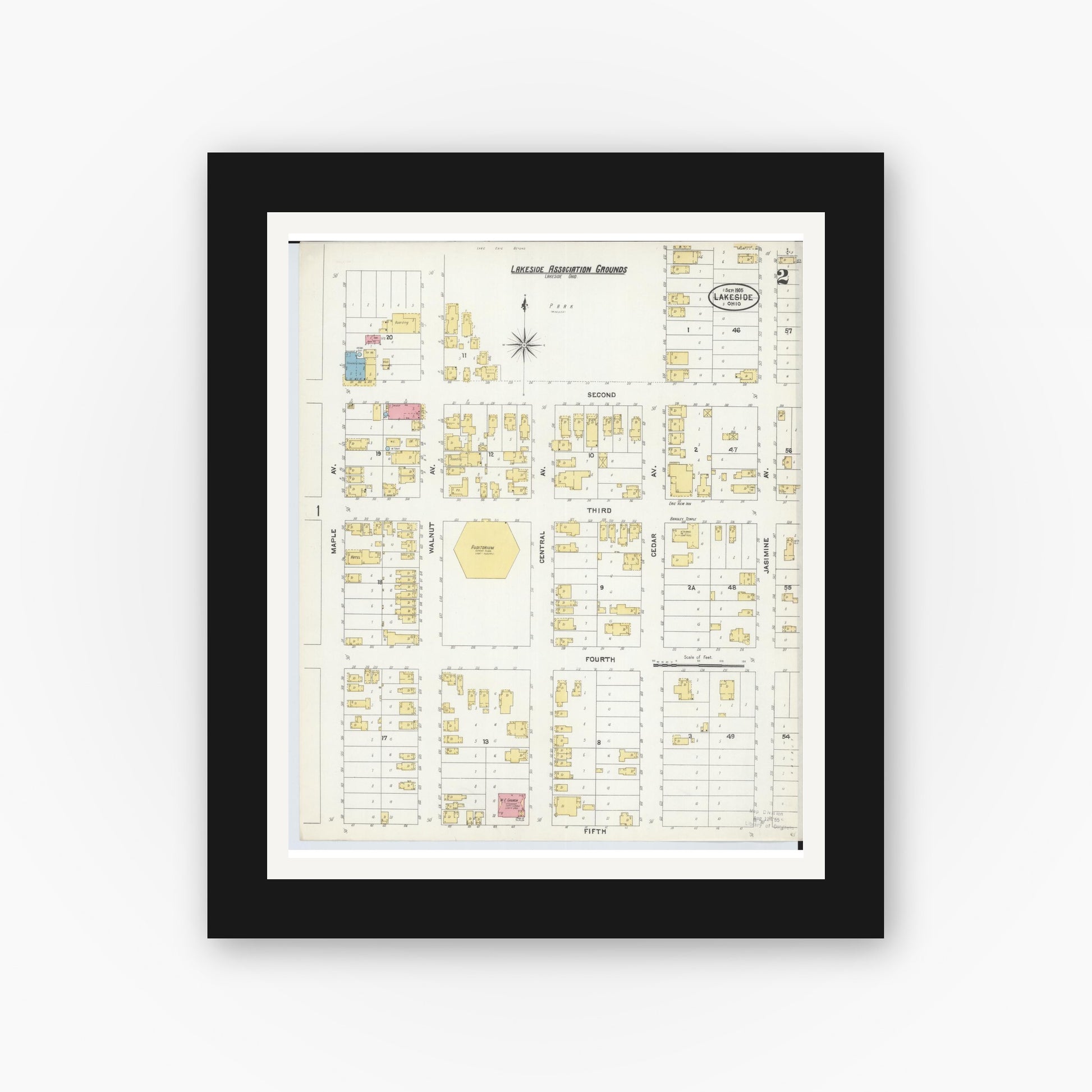 Old map wall art mockup — black gallery frame with white mat — Sanborn Fire Insurance Map from Lakeside, Ottawa County, Ohio (1905), Sheet #0002