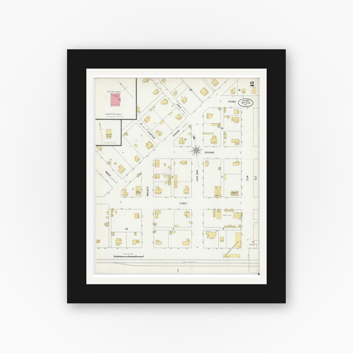 Old map wall art mockup — black gallery frame with white mat — Sanborn Fire Insurance Map from Hico, Hamilton County, Texas (1898), Sheet #0002