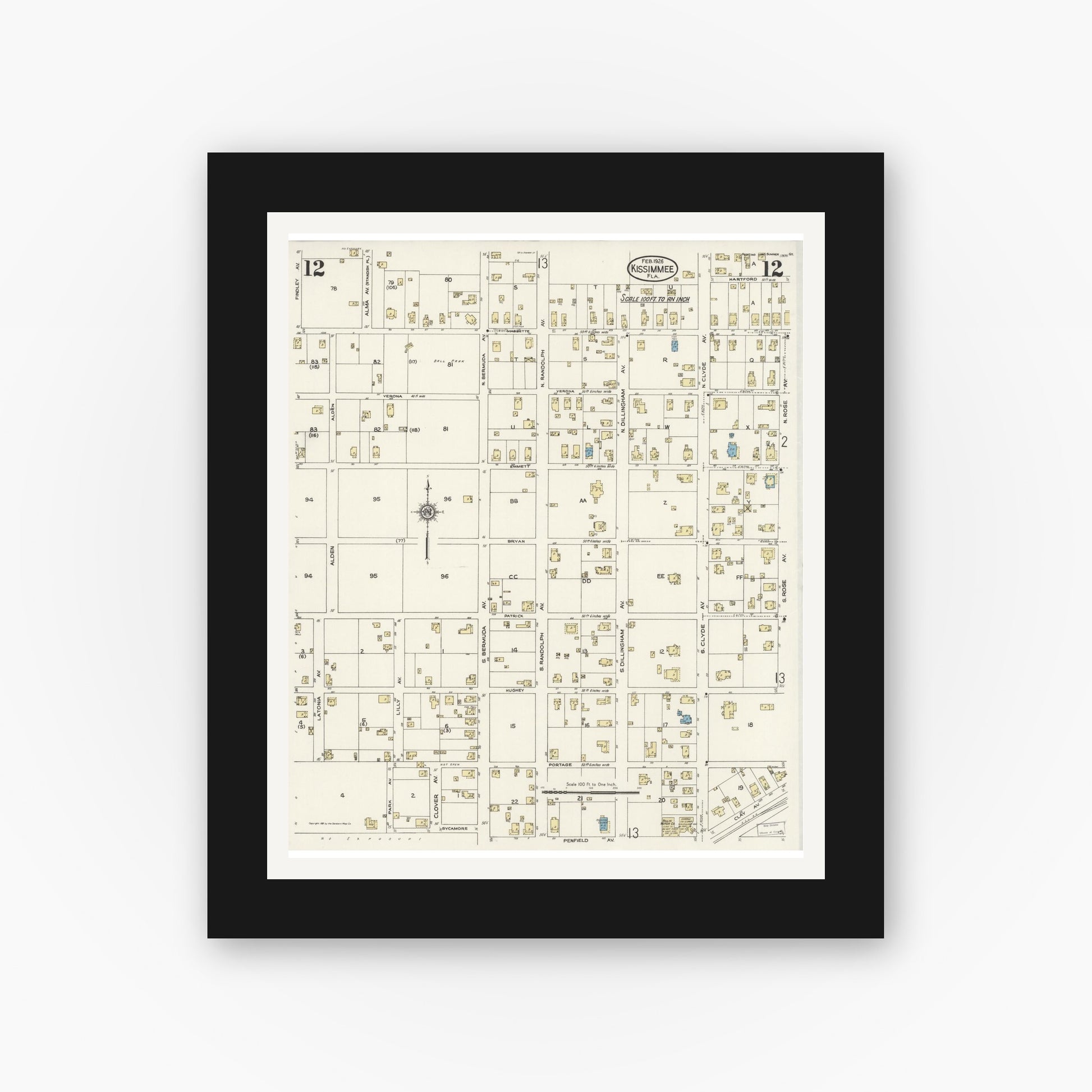 Old map wall art mockup — black gallery frame with white mat — Sanborn Fire Insurance Map from Kissimmee, Osceola County, Florida (1926), Sheet #0012