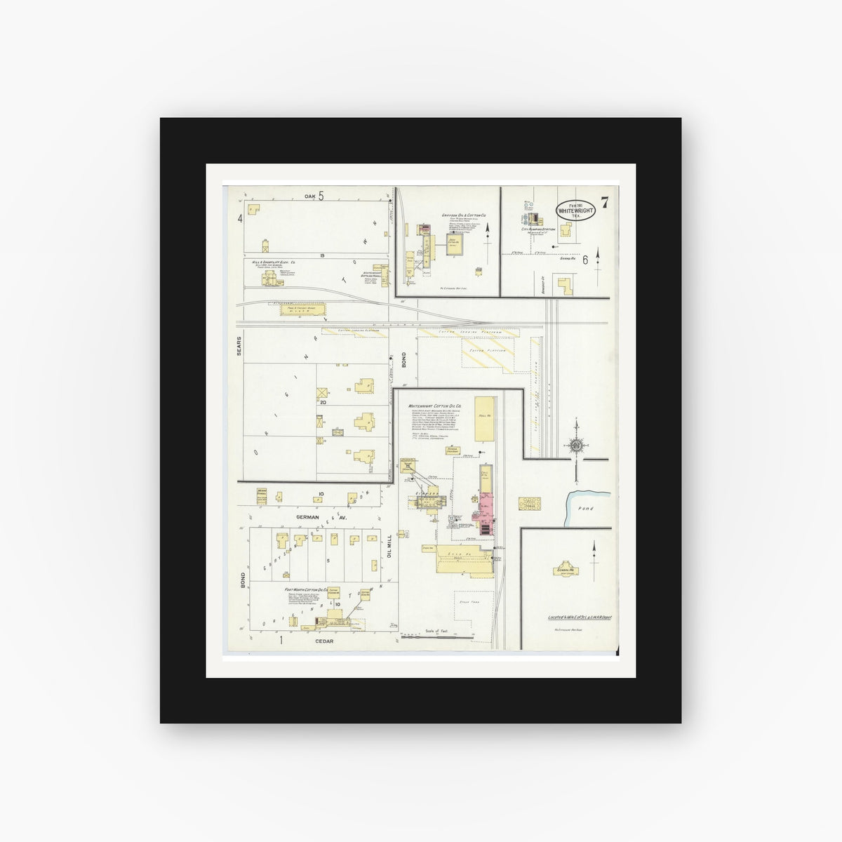 Old map wall art mockup — black gallery frame with white mat — Sanborn Fire Insurance Map from Whitewright, Grayson County, Texas (1911), Sheet #0007