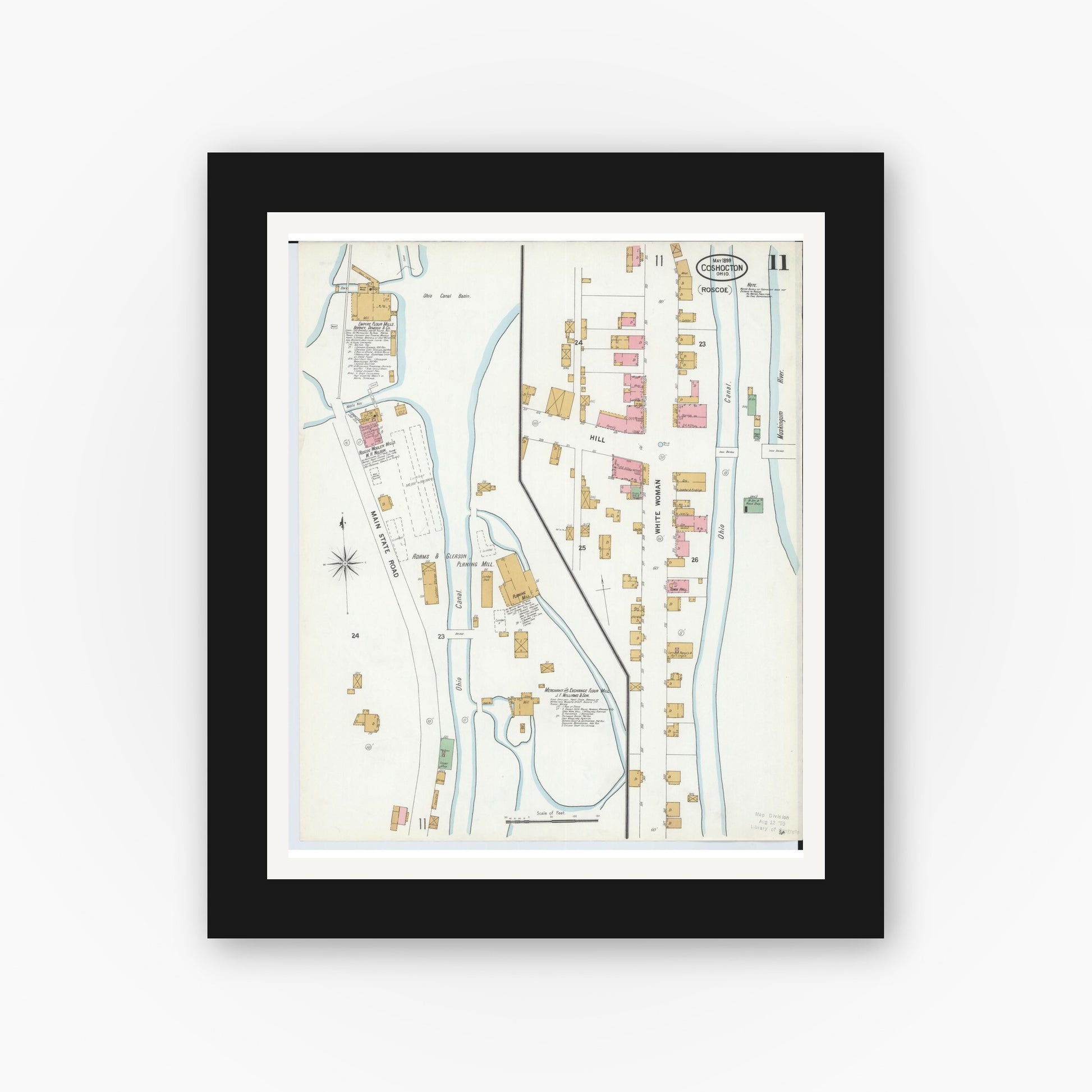 Old map wall art mockup — black gallery frame with white mat — Sanborn Fire Insurance Map from Coshocton, Coshocton County, Ohio (1899), Sheet #0011