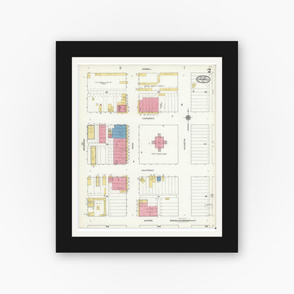 Old map wall art mockup — black gallery frame with white mat — Sanborn Fire Insurance Map from Crowell, Foard County, Texas (1921), Sheet #0002
