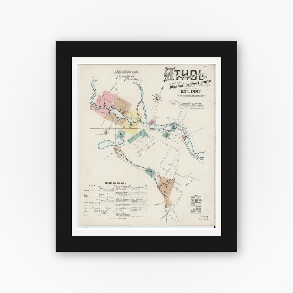 Old map wall art mockup — black gallery frame with white mat — Sanborn Fire Insurance Map from Athol, Worcester County, Massachusetts (1887) - Complete Map Set