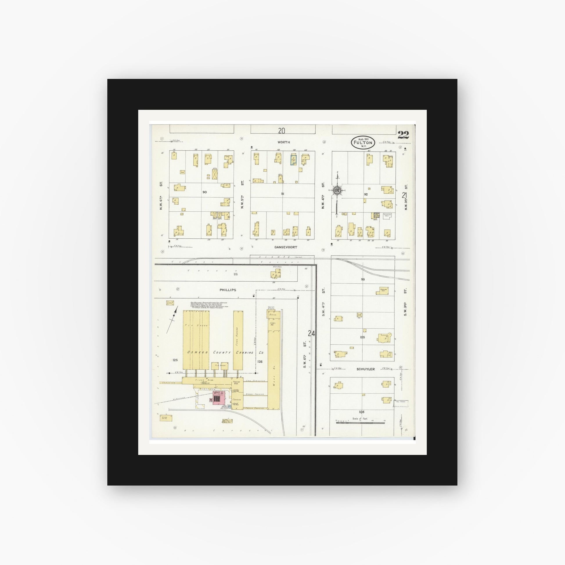Old map wall art mockup — black gallery frame with white mat — Sanborn Fire Insurance Map from Fulton, Oswego County, New York (1911), Sheet #0022