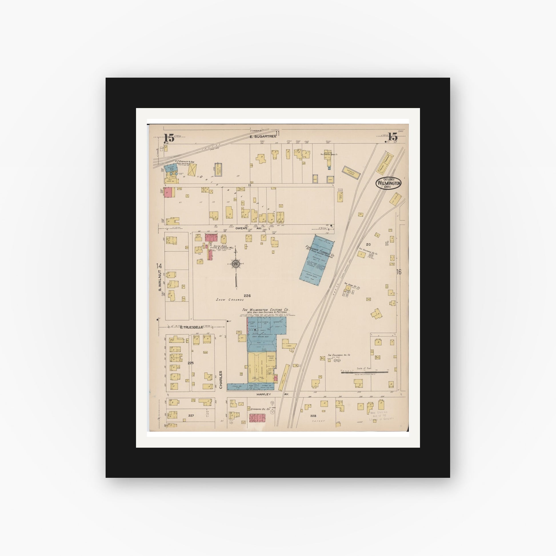 Old map wall art mockup — black gallery frame with white mat — Sanborn Fire Insurance Map from Wilmington, Clinton County, Ohio (1922), Sheet #0015