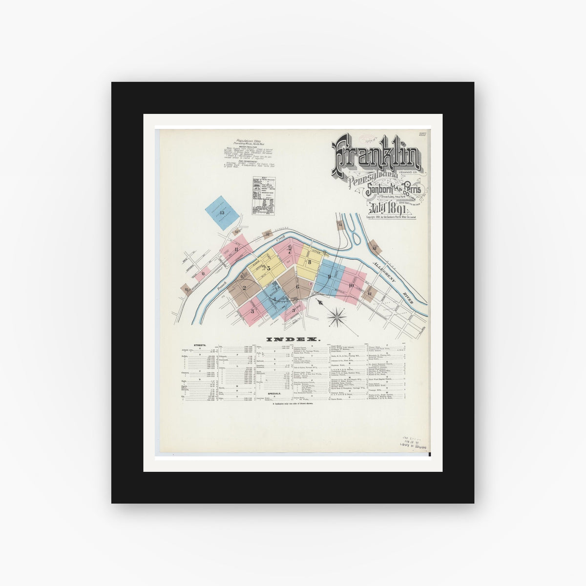 Old map wall art mockup — black gallery frame with white mat — Sanborn Fire Insurance Map from Franklin, Venango County, Pennsylvania (1891), Sheet #0001