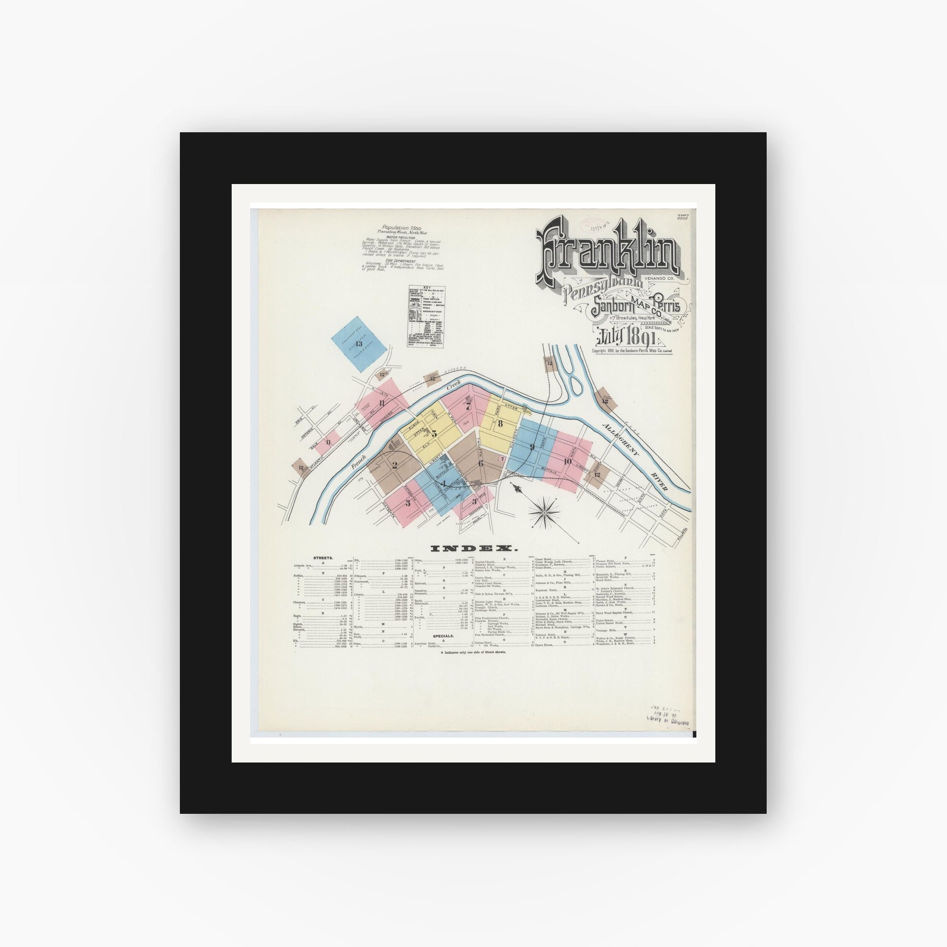 Old map wall art mockup — black gallery frame with white mat — Sanborn Fire Insurance Map from Franklin, Venango County, Pennsylvania (1891), Sheet #0001