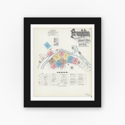 Old map wall art mockup — black gallery frame with white mat — Sanborn Fire Insurance Map from Franklin, Venango County, Pennsylvania (1891), Sheet #0001