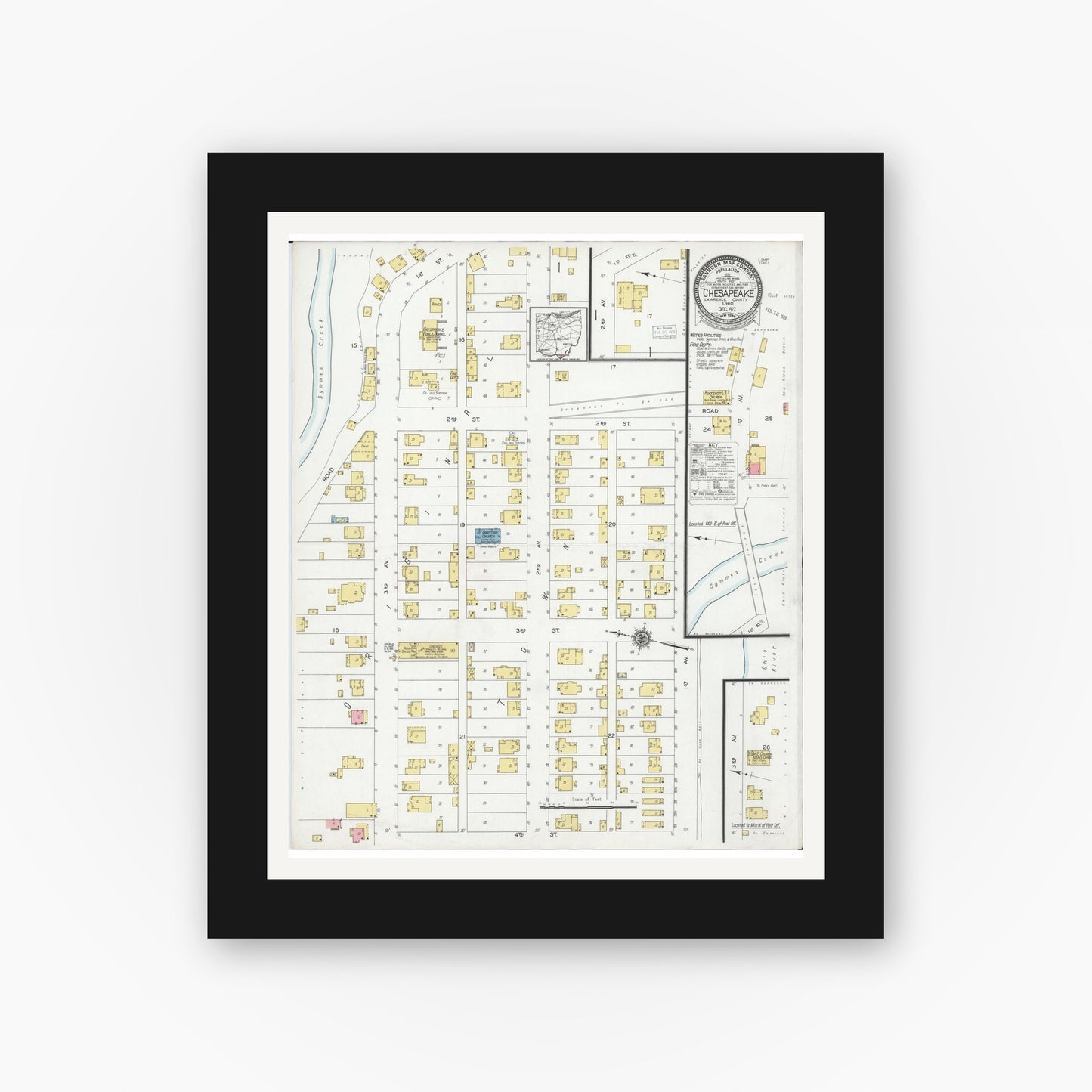 Old map wall art mockup — black gallery frame with white mat — Sanborn Fire Insurance Map from Chesapeake, Lawrence County, Ohio (1927), Sheet #0001