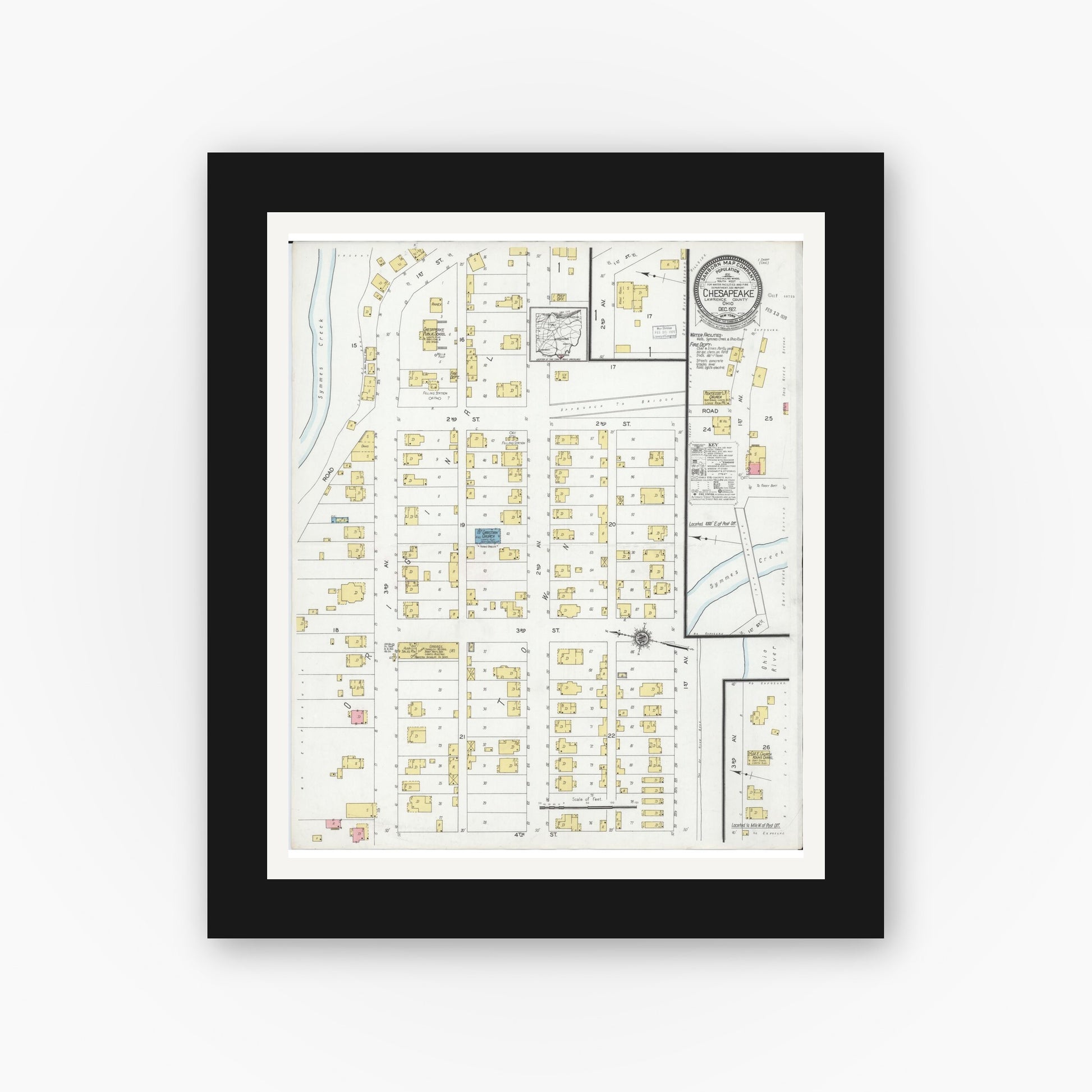 Old map wall art mockup — black gallery frame with white mat — Sanborn Fire Insurance Map from Chesapeake, Lawrence County, Ohio (1927), Sheet #0001