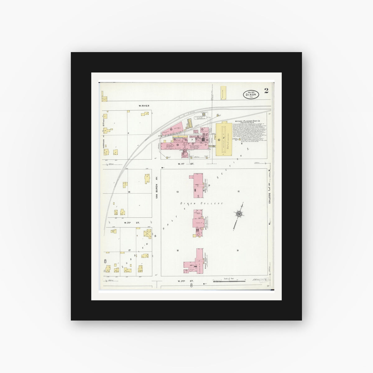 Old map wall art mockup — black gallery frame with white mat — Sanborn Fire Insurance Map from Dixon, Lee County, Illinois (1910), Sheet #0002