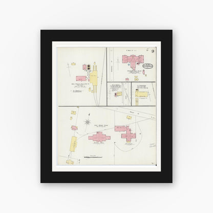 Old map wall art mockup — black gallery frame with white mat — Sanborn Fire Insurance Map from Greensboro, Guilford County, North Carolina (1896), Sheet #0009