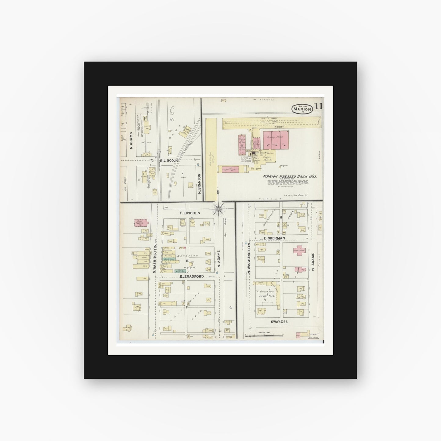 Old map wall art mockup — black gallery frame with white mat — Sanborn Fire Insurance Map from Marion, Grant County, Indiana (1890), Sheet #0011