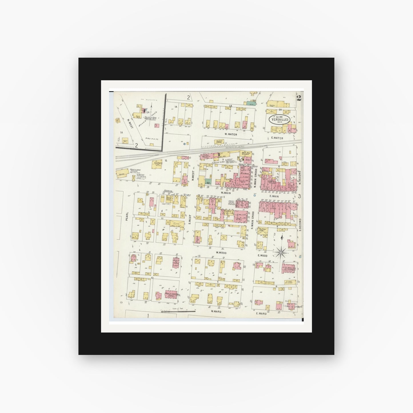 Old map wall art mockup — black gallery frame with white mat — Sanborn Fire Insurance Map from Versailles, Darke County, Ohio (1898), Sheet #0002