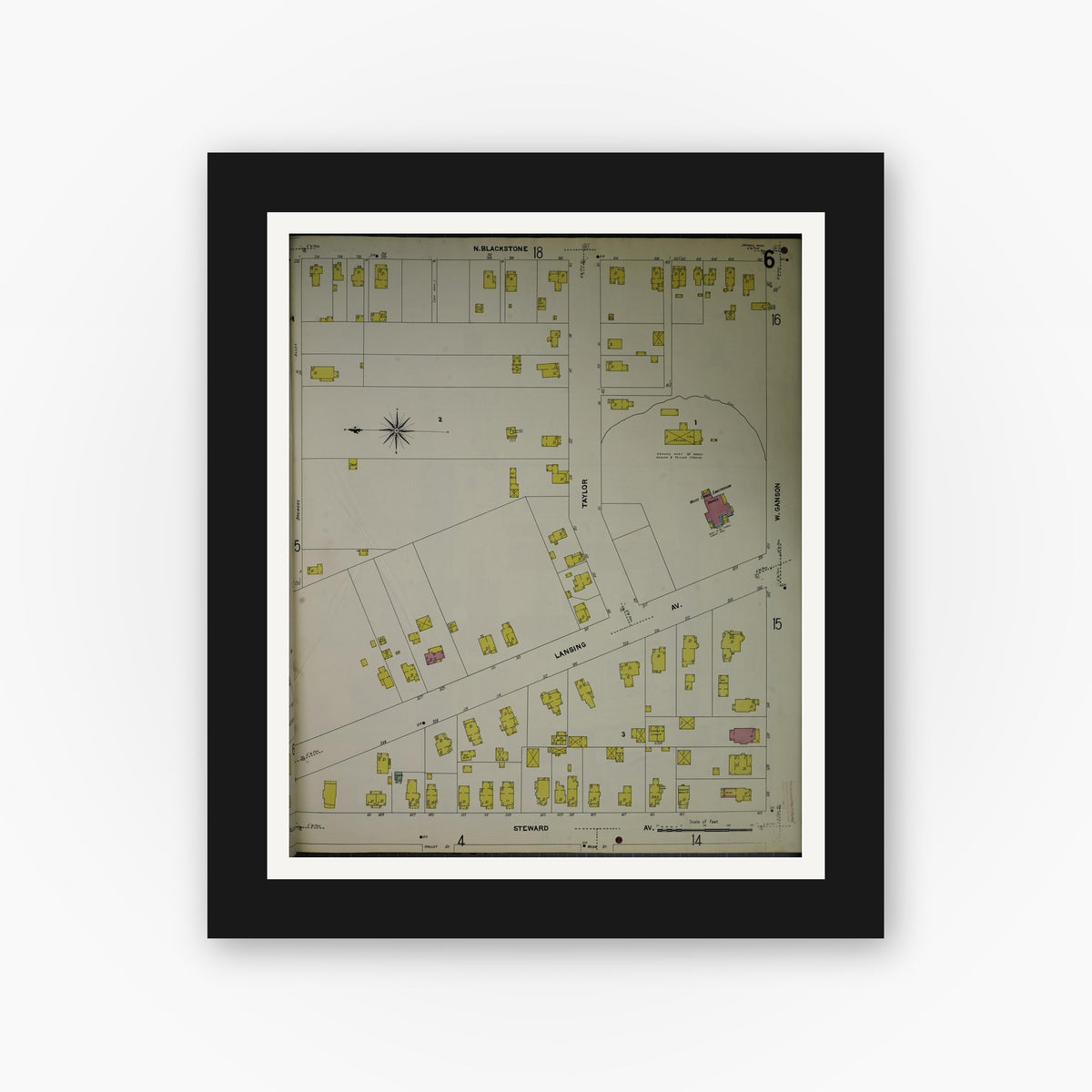 Old map wall art mockup — black gallery frame with white mat — Sanborn Fire Insurance Map from Jackson, Jackson County, Michigan (1907), Sheet #0006