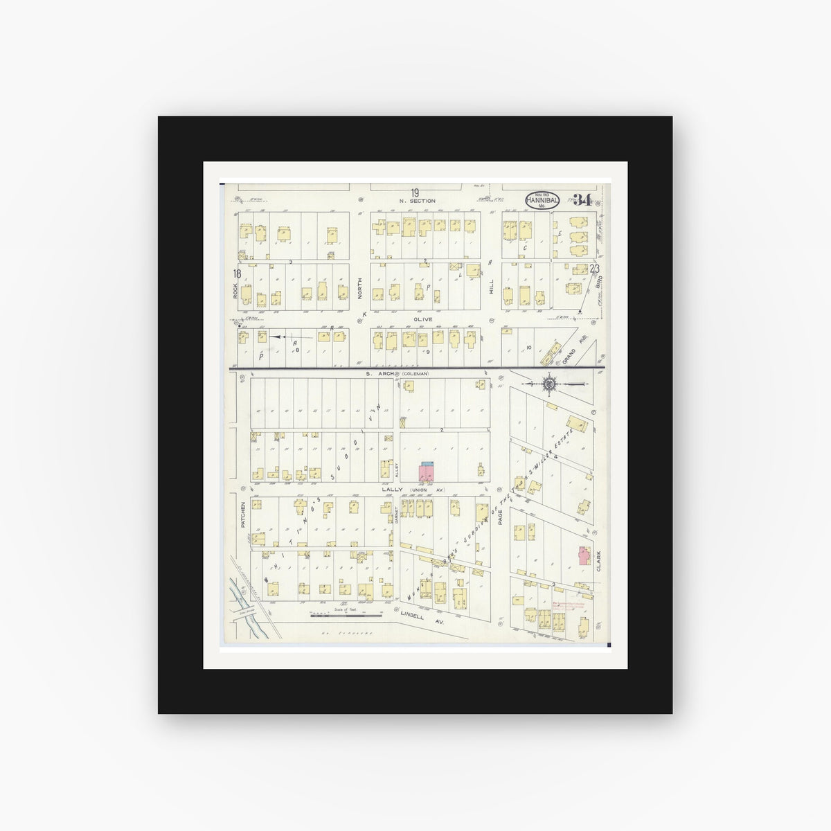 Old map wall art mockup — black gallery frame with white mat — Sanborn Fire Insurance Map from Hannibal, Marion County, Missouri (1913), Sheet #0034
