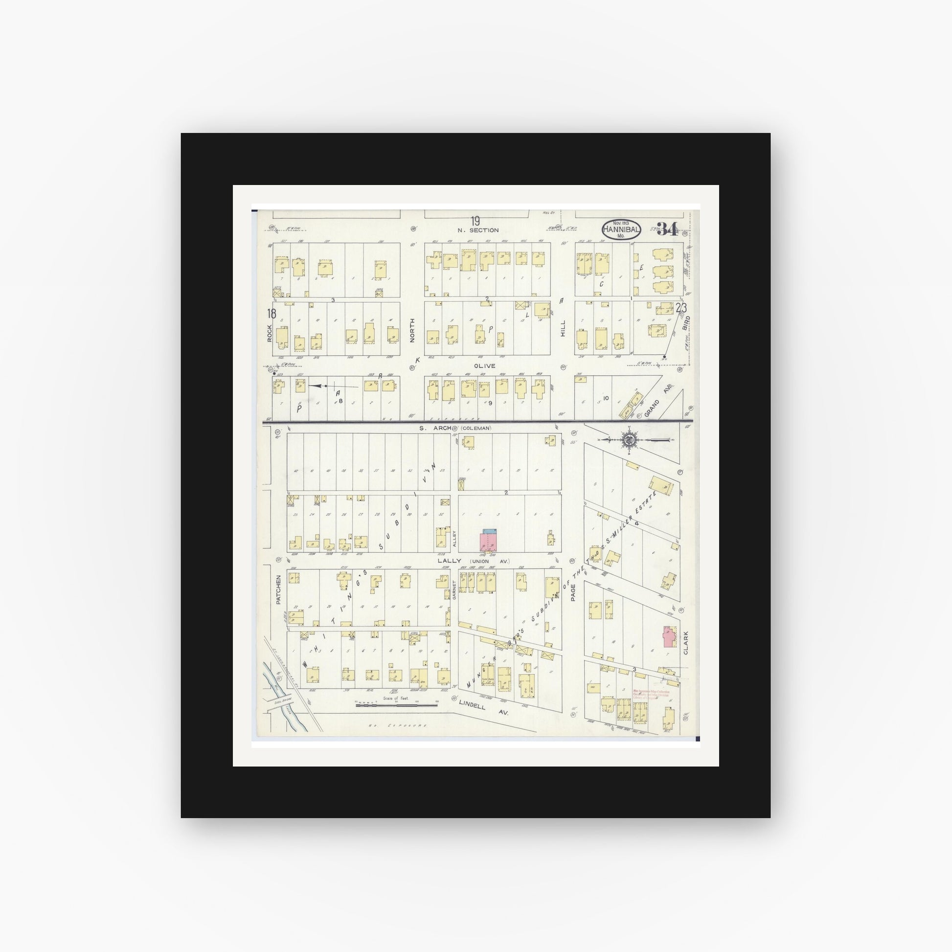 Old map wall art mockup — black gallery frame with white mat — Sanborn Fire Insurance Map from Hannibal, Marion County, Missouri (1913), Sheet #0034