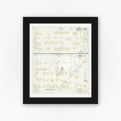 Old map wall art mockup — black gallery frame with white mat — Sanborn Fire Insurance Map from Hannibal, Marion County, Missouri (1913), Sheet #0034