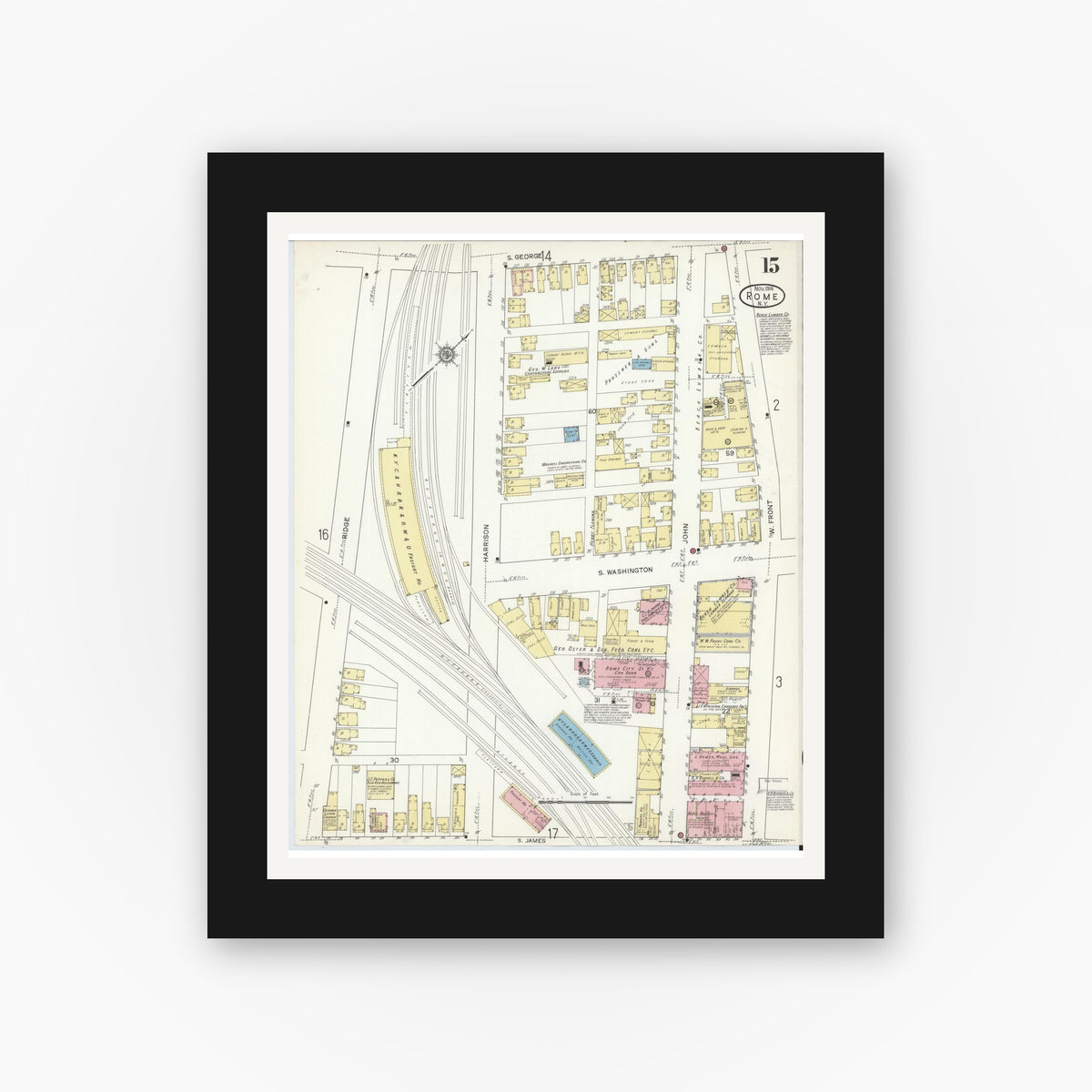 Old map wall art mockup — black gallery frame with white mat — Sanborn Fire Insurance Map from Rome, Oneida County, New York (1914), Sheet #0015