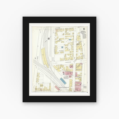 Old map wall art mockup — black gallery frame with white mat — Sanborn Fire Insurance Map from Rome, Oneida County, New York (1914), Sheet #0015
