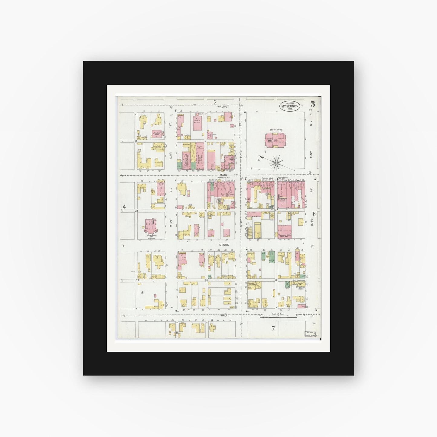 Old map wall art mockup — black gallery frame with white mat — Sanborn Fire Insurance Map from Mount Vernon, Posey County, Indiana (1899), Sheet #0005