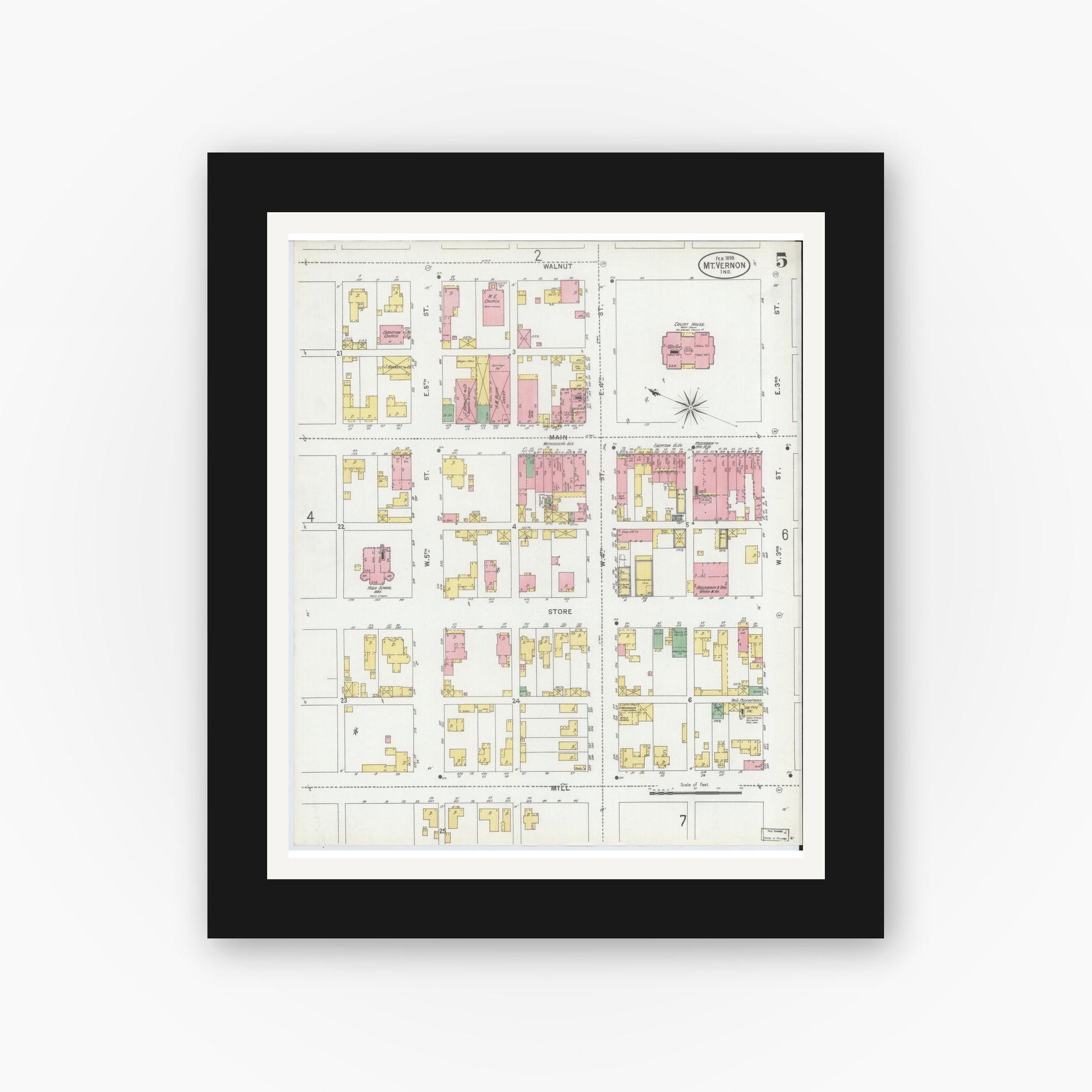 Old map wall art mockup — black gallery frame with white mat — Sanborn Fire Insurance Map from Mount Vernon, Posey County, Indiana (1899), Sheet #0005