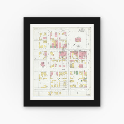 Old map wall art mockup — black gallery frame with white mat — Sanborn Fire Insurance Map from Mount Vernon, Posey County, Indiana (1899), Sheet #0005