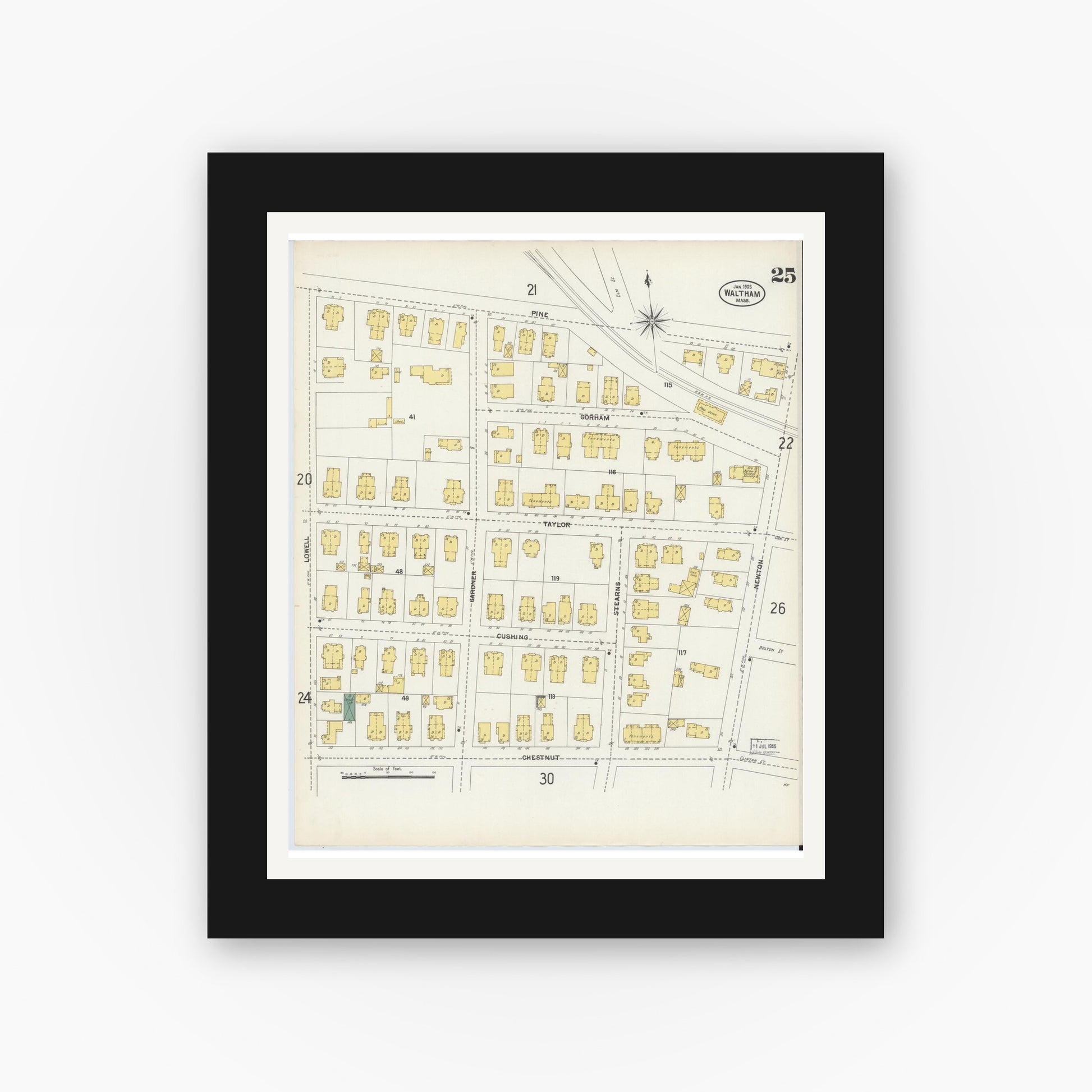 Old map wall art mockup — black gallery frame with white mat — Sanborn Fire Insurance Map from Waltham, Middlesex County, Massachusetts (1903), Sheet #0025