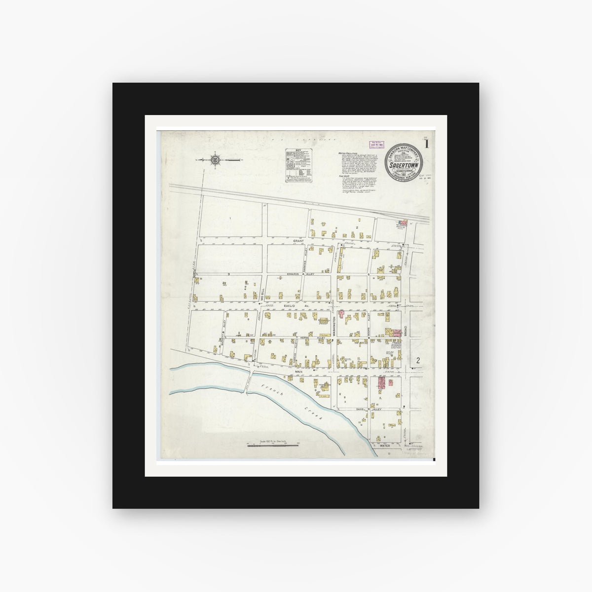 Old map wall art mockup — black gallery frame with white mat — Sanborn Fire Insurance Map from Sagertown, Crawford County, Pennsylvania (1911) - Complete Map Set
