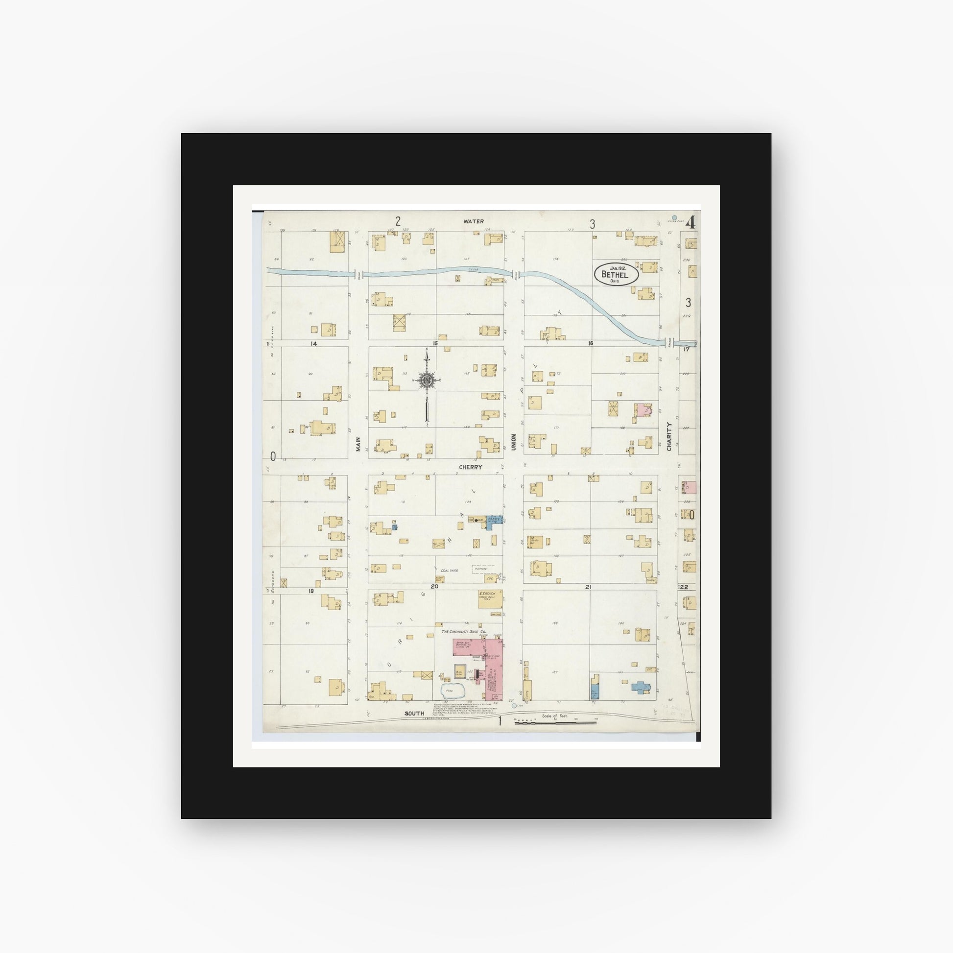 Old map wall art mockup — black gallery frame with white mat — Sanborn Fire Insurance Map from Bethel, Clermont County, Ohio (1912), Sheet #0004