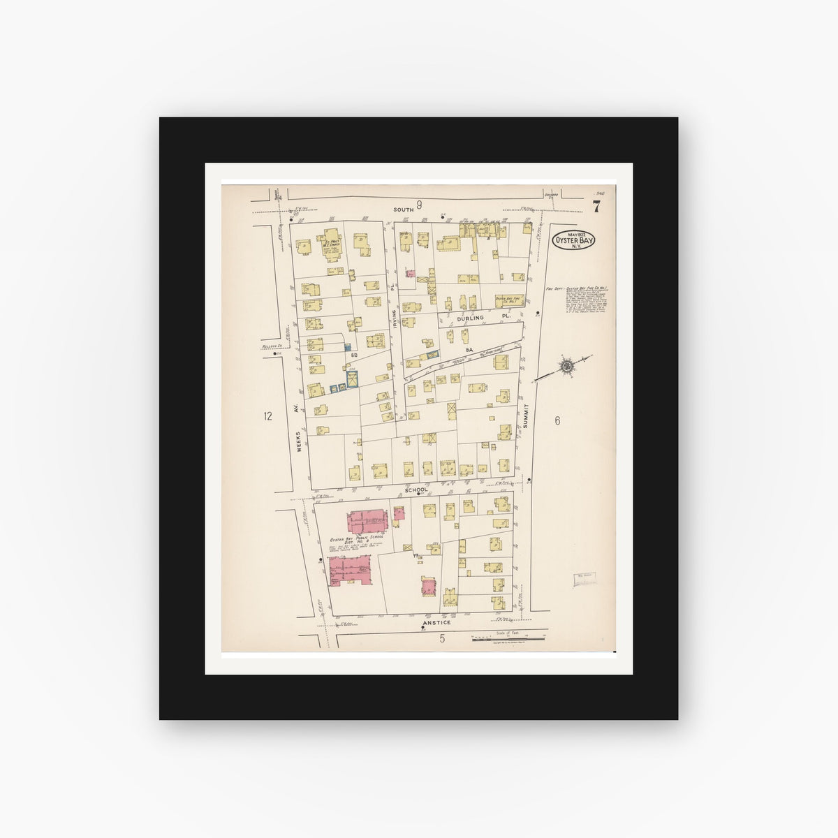 Old map wall art mockup — black gallery frame with white mat — Sanborn Fire Insurance Map from Oyster Bay, Nassau County, New York (1922), Sheet #0007