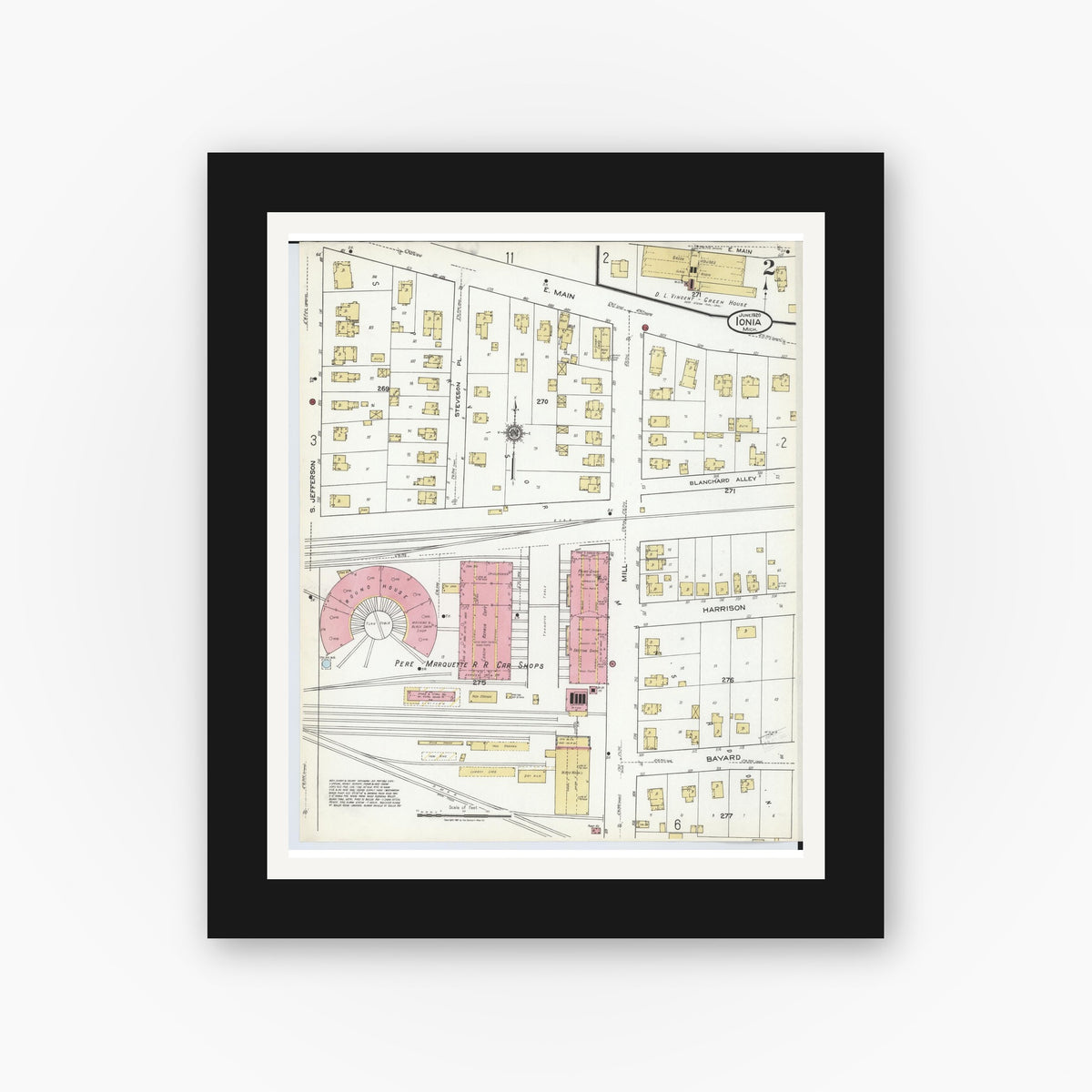 Old map wall art mockup — black gallery frame with white mat — Sanborn Fire Insurance Map from Ionia, Ionia County, Michigan (1920), Sheet #0002