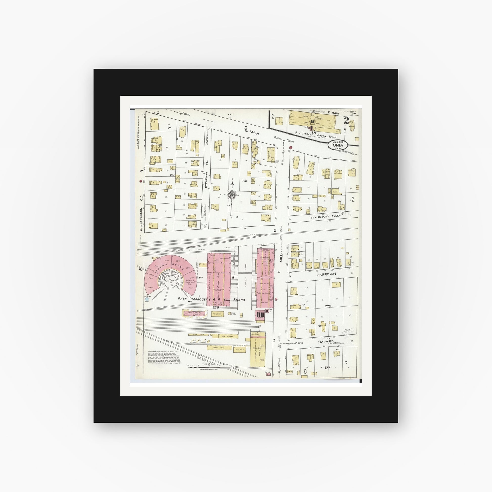 Old map wall art mockup — black gallery frame with white mat — Sanborn Fire Insurance Map from Ionia, Ionia County, Michigan (1920), Sheet #0002