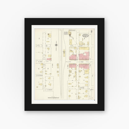 Old map wall art mockup — black gallery frame with white mat — Sanborn Fire Insurance Map from Grandview, Johnson County, Texas (1912), Sheet #0002